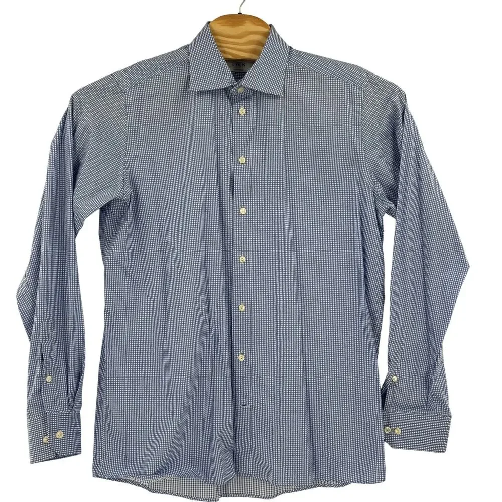 Eton 17 1/2 44 Contemporary‎ Blue Check Long Sleeve Button Up Shirt